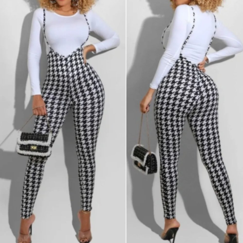 NWT Black & White Houndstooth Print Stretchy & Fitted Curvy Skinny Jumpsuit